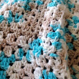 Crochet BABY BLANKET AFGHAN Lap Granny Square 31"x 31" Turquoise White Tan New